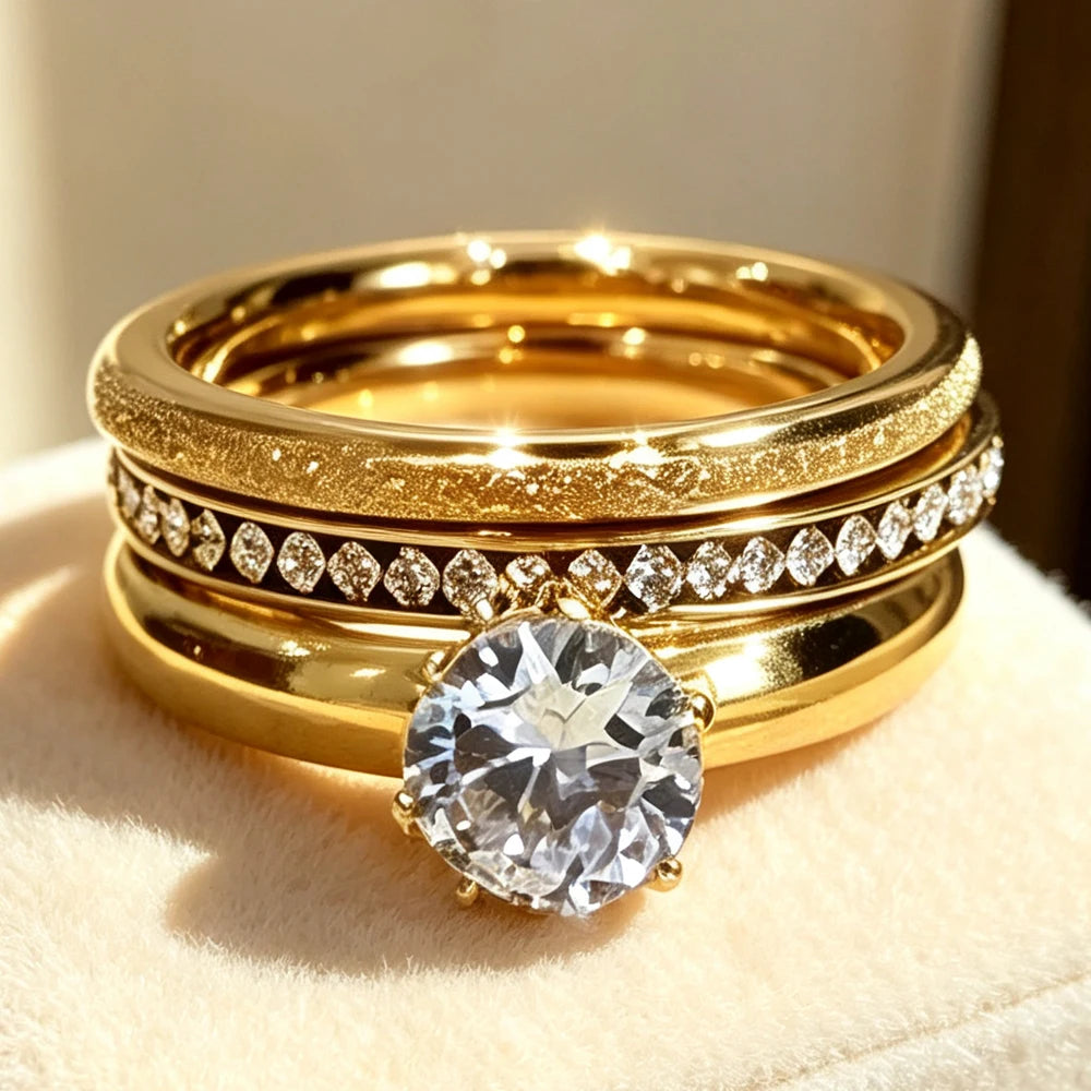 Classic Fashion Zircon Inlaid Stainless Steel Rings Set for Women