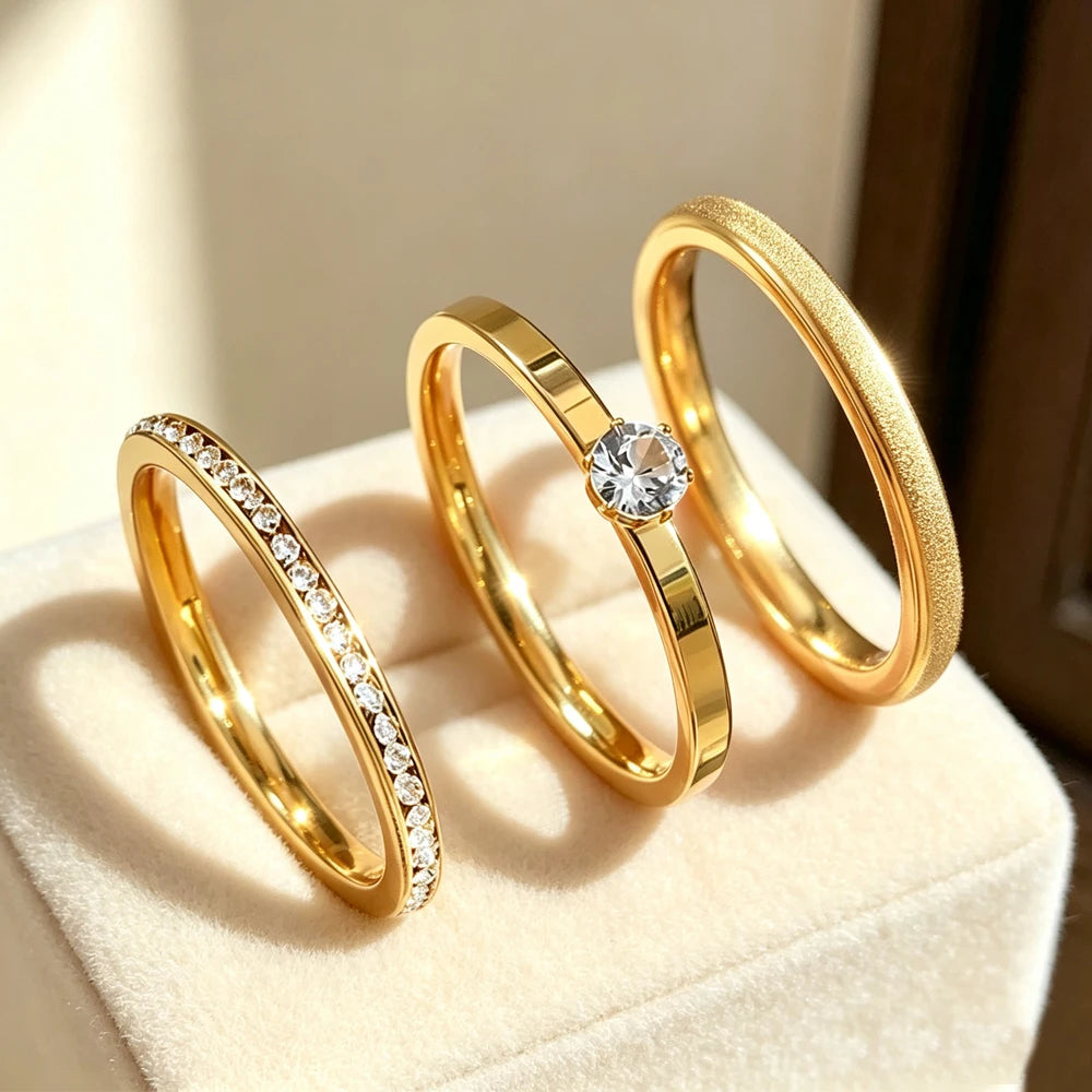 Classic Fashion Zircon Inlaid Stainless Steel Rings Set for Women