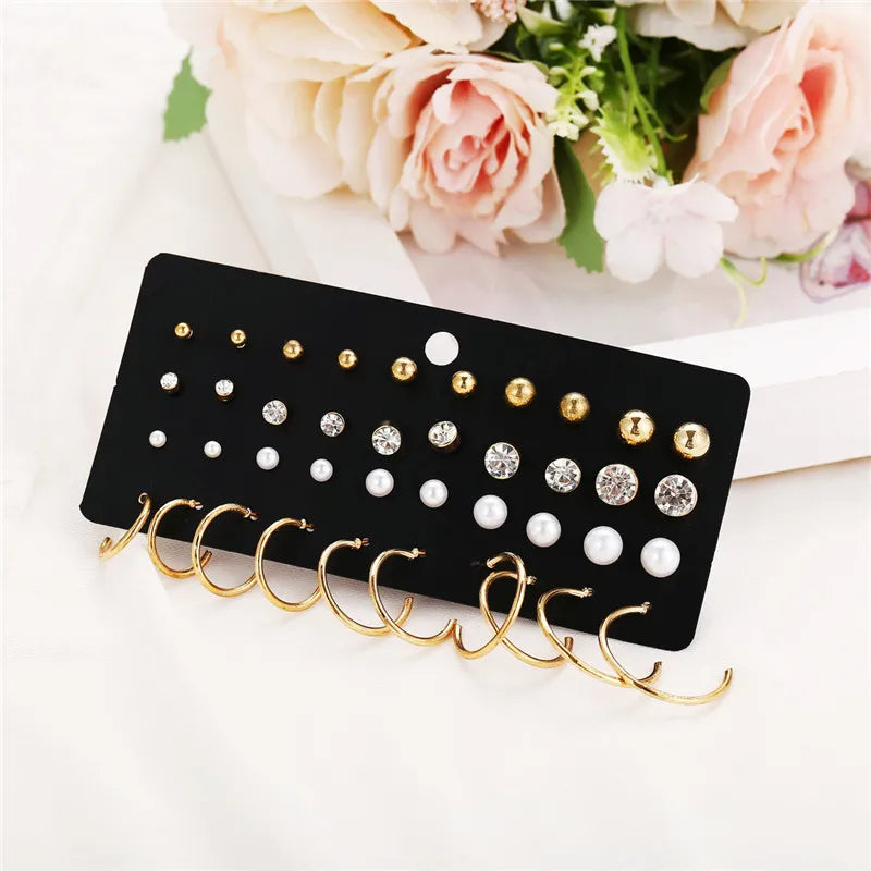 Crystal Pearl Earrings Set Fashion Silver Color Geometric Metal Studs For Women Girls Trend Jewelry Gifts