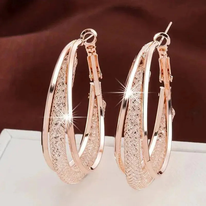 Gold Color Crystal Stone Hoop Earrings Twisted Metal Shape Silver Plating