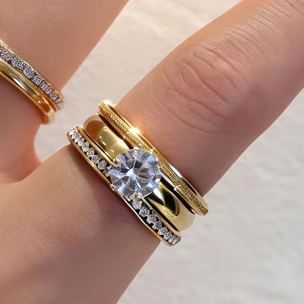 Classic Fashion Zircon Inlaid Stainless Steel Rings Set for Women