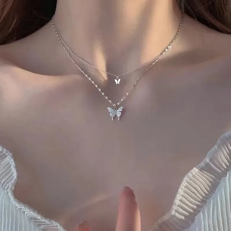 double butterfly necklace, trendy neck chain for women,