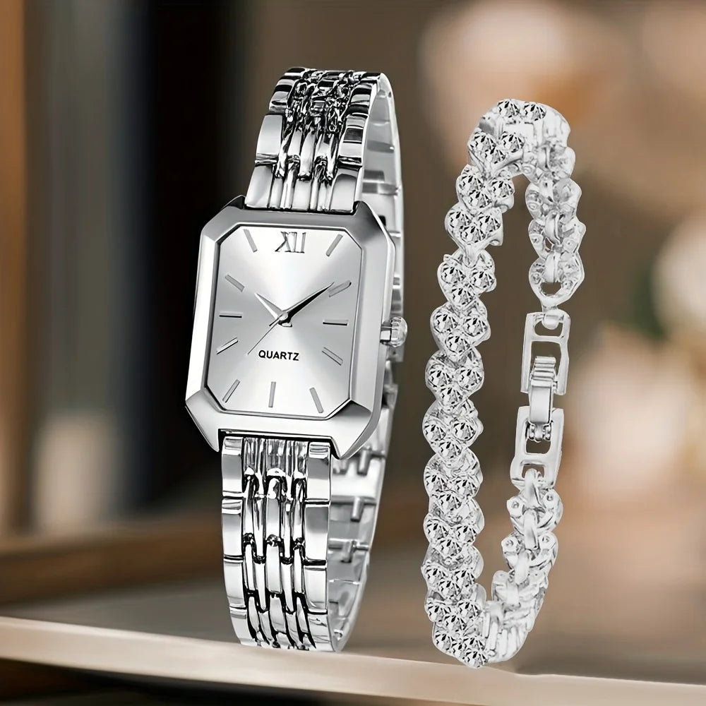 2PCS/Set Fashion Rectangle Women Quartz Watch Ladies Roma Dial Wristwatches