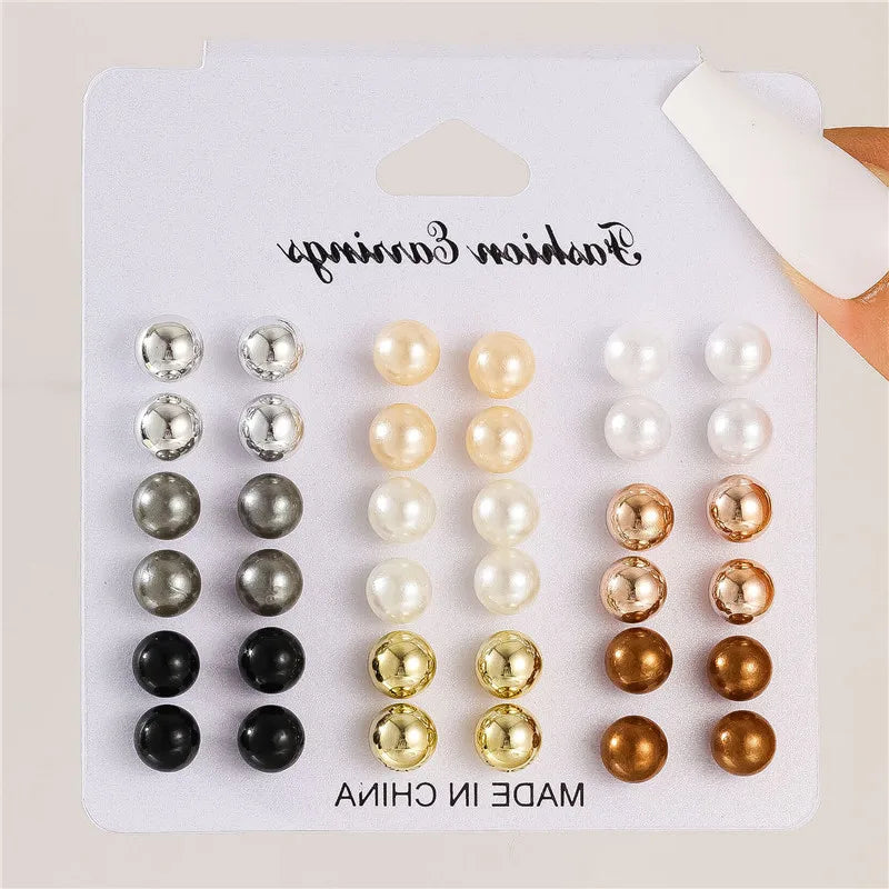 Crystal Pearl Earrings Set Fashion Silver Color Geometric Metal Studs For Women Girls Trend Jewelry Gifts