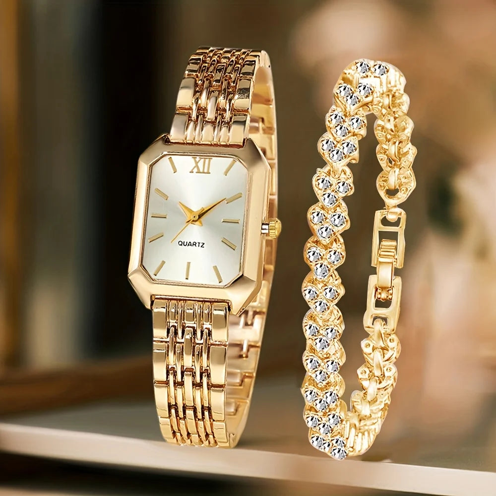 2PCS/Set Fashion Rectangle Women Quartz Watch Ladies Roma Dial Wristwatches