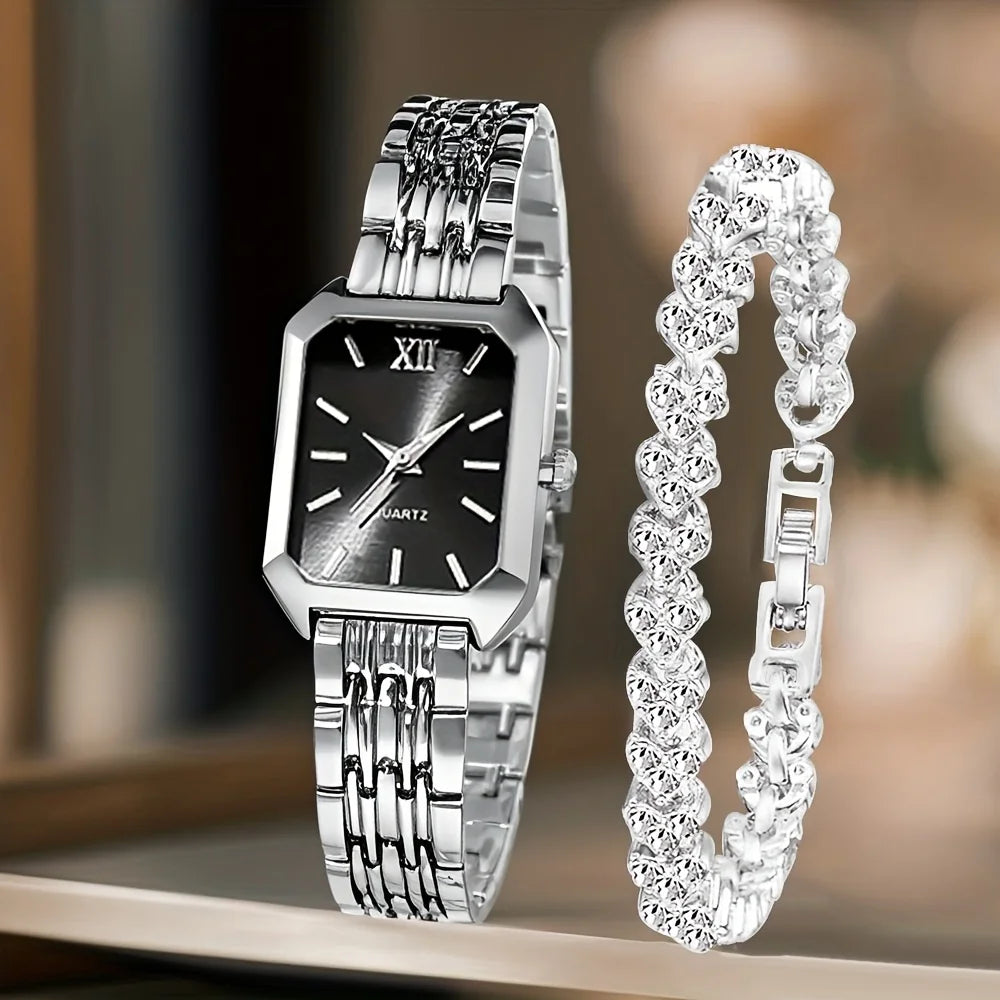 2PCS/Set Fashion Rectangle Women Quartz Watch Ladies Roma Dial Wristwatches