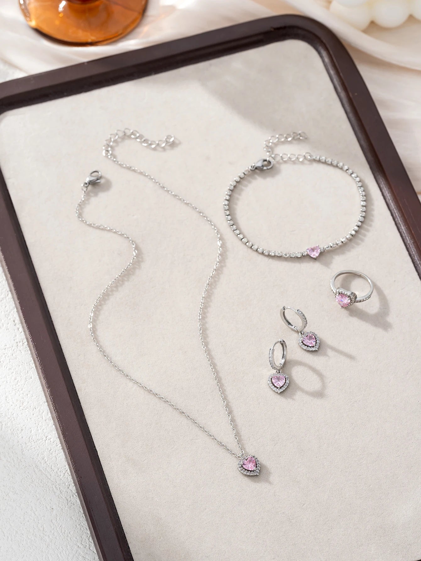 Simple Cube Zirconia Love Design Pendant Necklace Ring Earrings Bracelet Set
