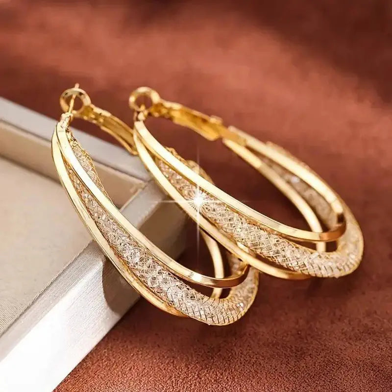 Gold Color Crystal Stone Hoop Earrings Twisted Metal Shape Silver Plating