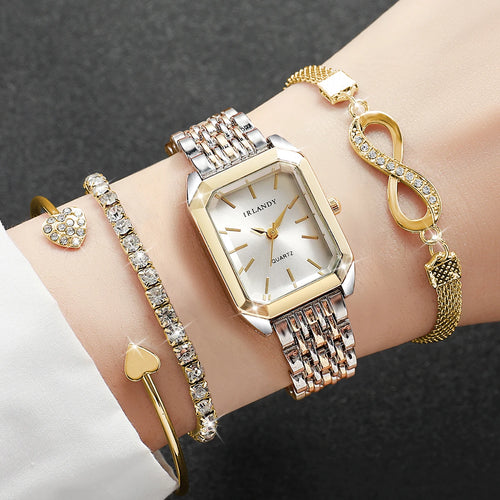 4PCS Elegant Rectangle Women Watches Rhinestone Bracelets Set Fashion Ladies Quartz Wristwatch Reloj Mujer