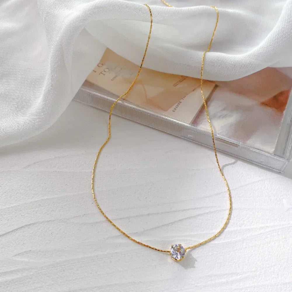 Stainless Steel Gold Plated Dainty Chain Round Clear Stone Necklace for Women Jewelry