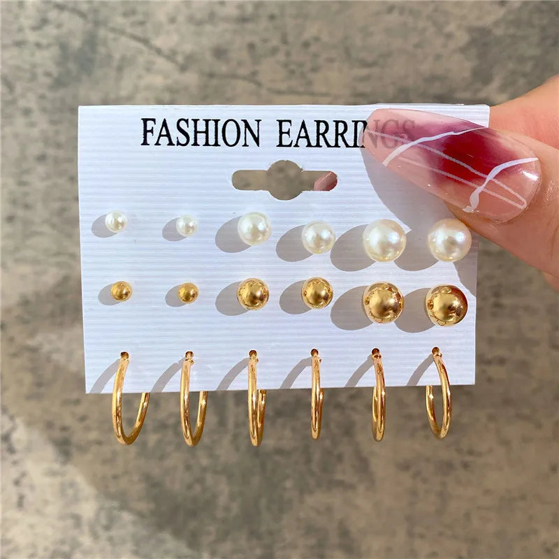 Crystal Pearl Earrings Set Fashion Silver Color Geometric Metal Studs For Women Girls Trend Jewelry Gifts
