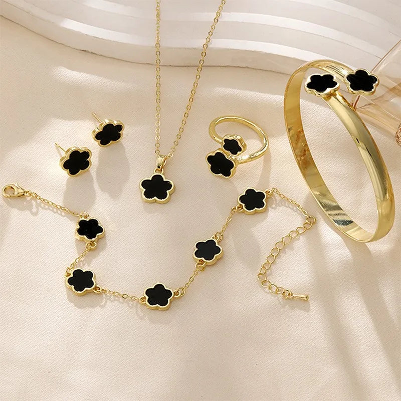Lucky Five-petal Flower Women's Jewelry Set, Fashion Flower Bracelet + Necklace + Earrings + Bracelet + Ring,