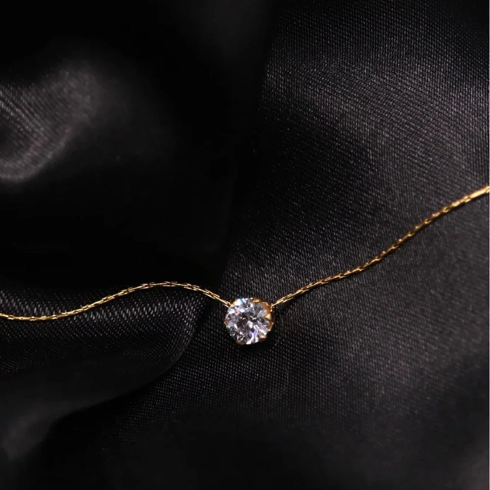 Stainless Steel Gold Plated Dainty Chain Round Clear Stone Necklace for Women Jewelry