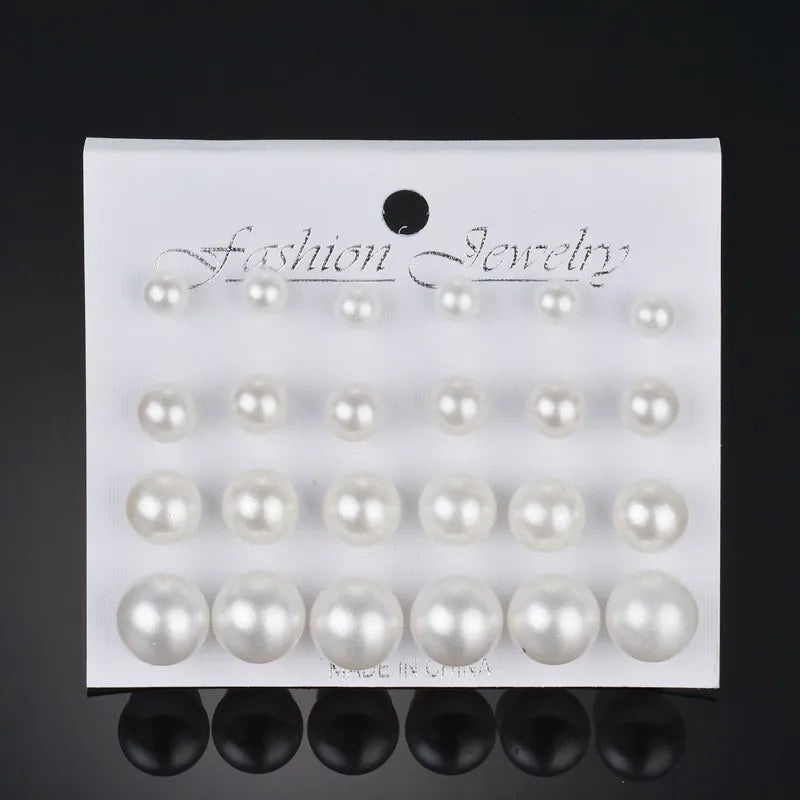 Crystal Pearl Earrings Set Fashion Silver Color Geometric Metal Studs For Women Girls Trend Jewelry Gifts