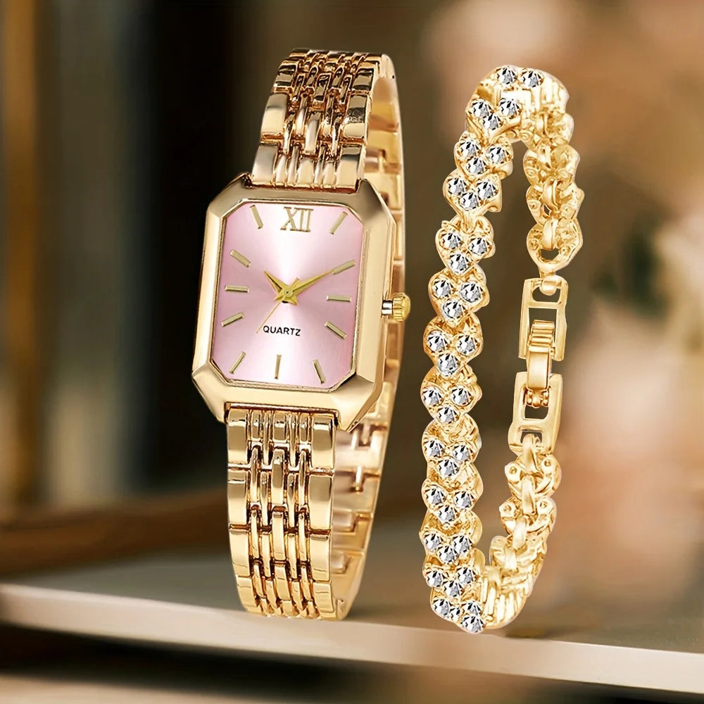 2PCS/Set Fashion Rectangle Women Quartz Watch Ladies Roma Dial Wristwatches