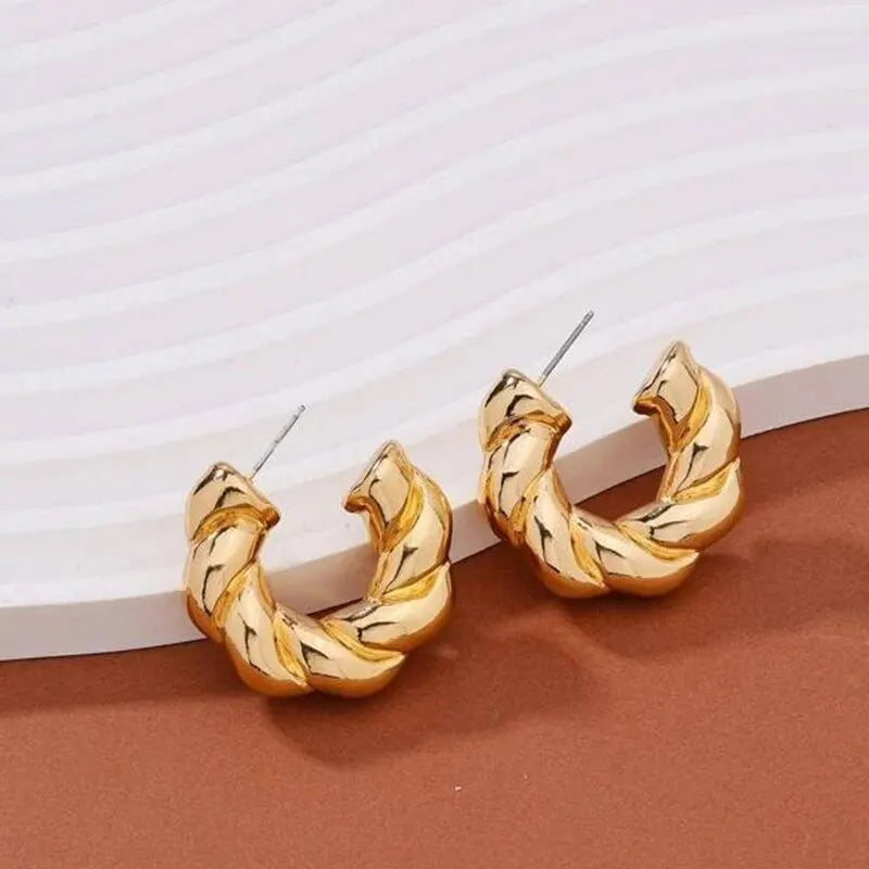 Gold Color Crystal Stone Hoop Earrings Twisted Metal Shape Silver Plating