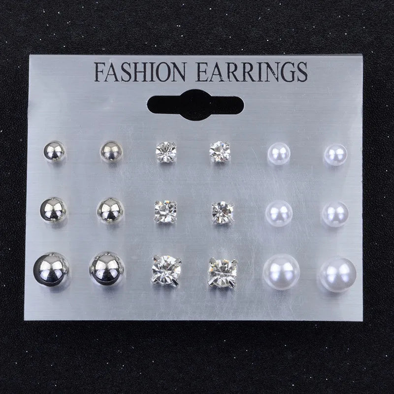 Crystal Pearl Earrings Set Fashion Silver Color Geometric Metal Studs For Women Girls Trend Jewelry Gifts