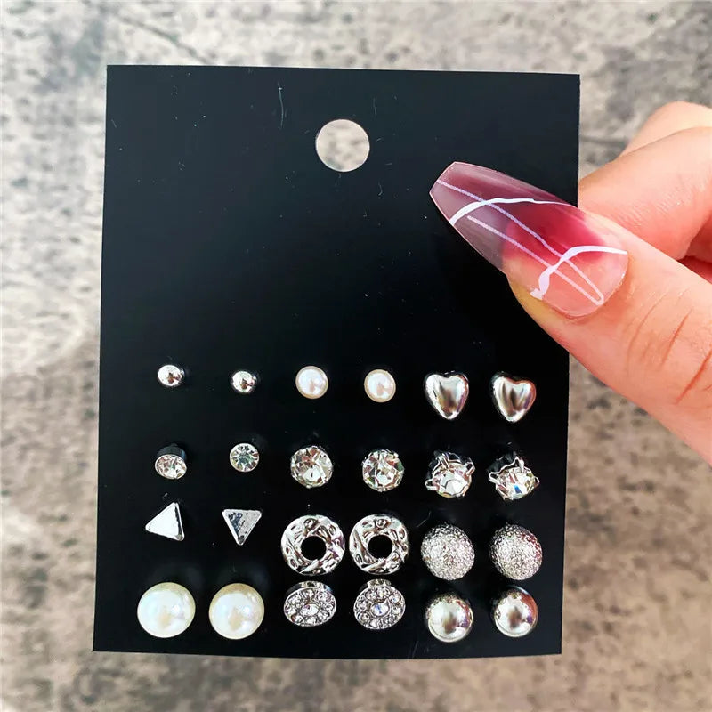 Crystal Pearl Earrings Set Fashion Silver Color Geometric Metal Studs For Women Girls Trend Jewelry Gifts