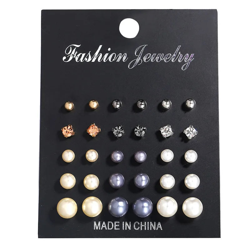 Crystal Pearl Earrings Set Fashion Silver Color Geometric Metal Studs For Women Girls Trend Jewelry Gifts