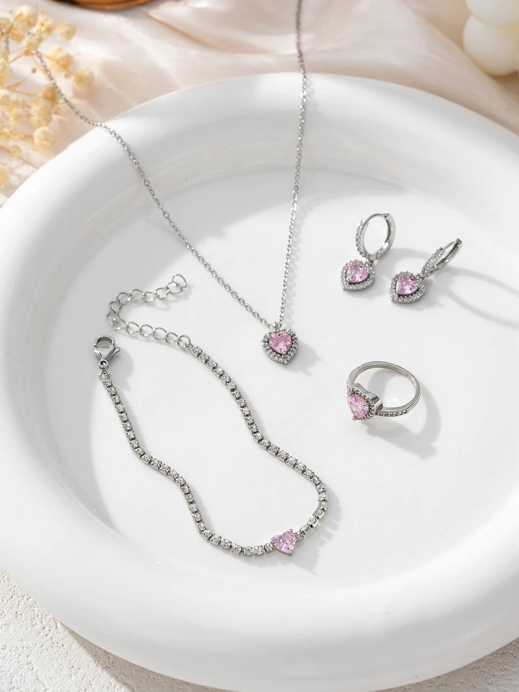 Simple Cube Zirconia Love Design Pendant Necklace Ring Earrings Bracelet Set
