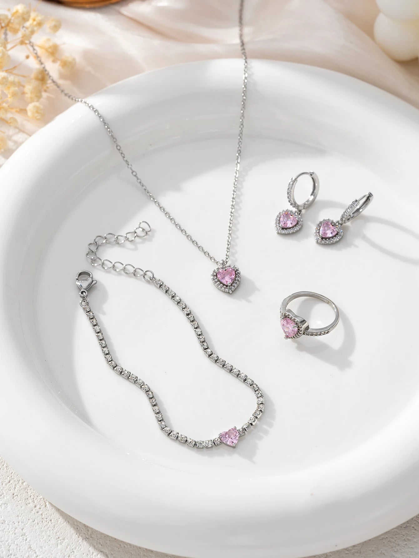 Simple Cube Zirconia Love Design Pendant Necklace Ring Earrings Bracelet Set