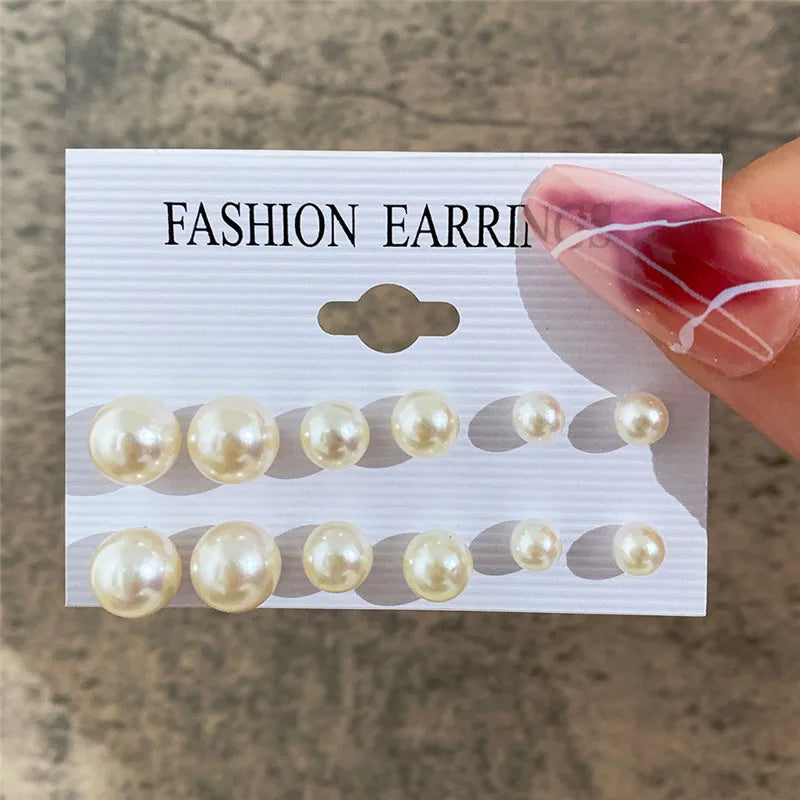 Crystal Pearl Earrings Set Fashion Silver Color Geometric Metal Studs For Women Girls Trend Jewelry Gifts