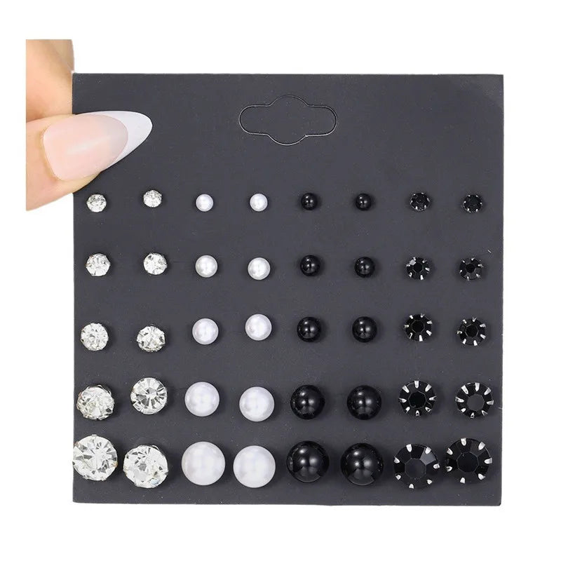 Crystal Pearl Earrings Set Fashion Silver Color Geometric Metal Studs For Women Girls Trend Jewelry Gifts