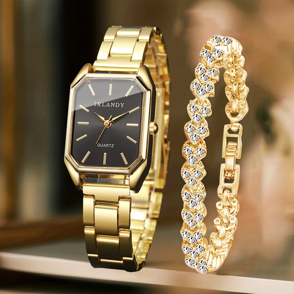 2PCS Fashion Rectangle Women Quartz Watch Rhinestone Bracelet Set Elegant Ladies Wristwatches