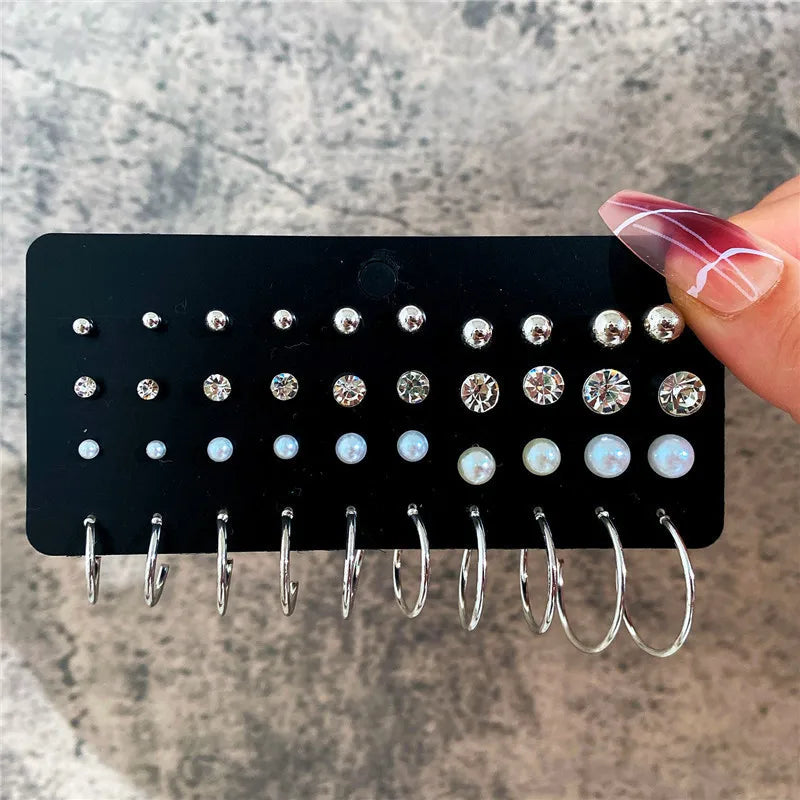 Crystal Pearl Earrings Set Fashion Silver Color Geometric Metal Studs For Women Girls Trend Jewelry Gifts