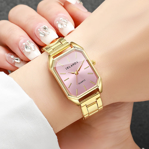 2PCS Fashion Rectangle Women Quartz Watch Rhinestone Bracelet Set Elegant Ladies Wristwatches